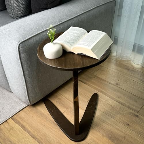 C-Shaped Handmade Solid Wood End Table, Side Table for Couches, Sofa Tables Slide Under Couch for Living Room, Over Couch TV Tray Table for Small Spaces (Medium, Dark Walnut) - color: Dark Walnut, size: Medium