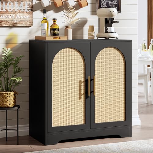 Garvee 30" Rattan Sideboard Buffet Cabinet - Large Storage Cabinet with 2 Doors, Modern Console Table Accent Coffee Bar Cabinet for Living Room, Kitchen, Hallway, Dining Room, Entryway, Black - color: Black, size: 2 Doors