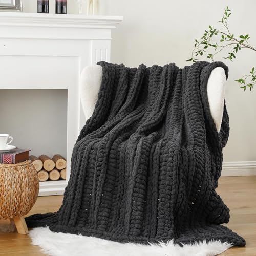 Battilo Chunky Knit Throw Blanket for Couch, 50"x60", Charcoal | Hand Knit, Dark Grey Throw Blanket, Cozy Warm Thick Soft Chenille Throw Blanket for Bed, Sofa, Living Room - color: Charcoal