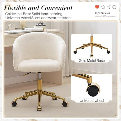 Faux Fur Makeup Vanity Chair,Home Office Desk Chair with Wheels, Blue | Fluffy Swivel Modern Armchair Upholstered Fuzzy Height Adjustable for Teens Women Girls Elegant for Living Room Bedroom - color: Round White+golden Base