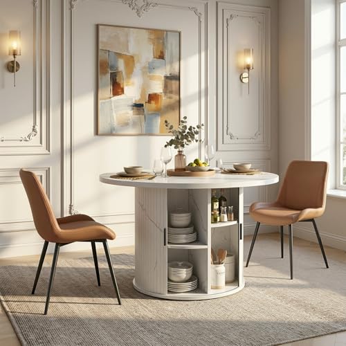 3-Piece Round Dining Table Set for 2, 47-Inch Modern Faux Marble Dining Table with Half-Open Storage Shelf, Upholstered Dining Chairs with Thick Cushions (White Faux Marble Table + 2 Brown Chairs) - color: White Faux Marble Table + 2 Brown Chairs-196, siz