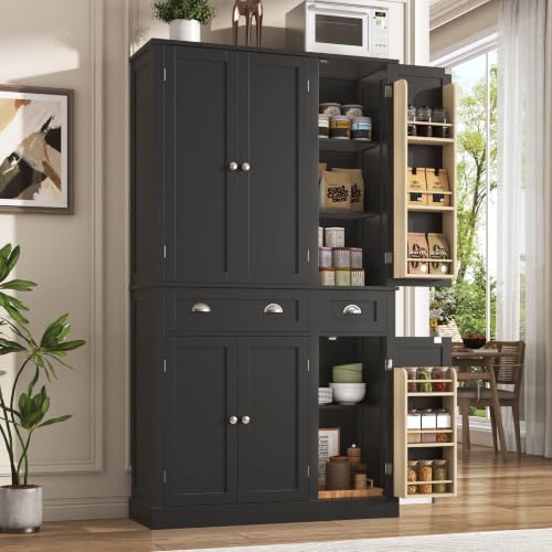 71"H Tall Kitchen Pantry Cabinet with LED Lights,39"W Modern Large Kitchen Hutch Cabinet w/6 Door Shelves,2 Large Drawer,Freestanding Food Pantry w/Adjustable Shelves for Kitchen,Dining Room,Black - color: Black