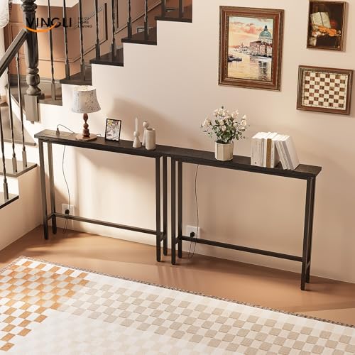 VINGLI 79" Console Table with Power Outlet, Narrow Sofa Table 2 Pack, Black | Entryway Table with Charging Station & 4.9 Ft Extension Cord & Adjustable Feet, behind Couch Table for Living Room, Hallway - color: Black, size: 78.74"