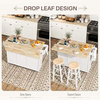 HOMCOM Rolling Kitchen Island Power Outlet Drop Leaf 53" Wood Top White | Island Table, 3 Drawers, Adjustable Shelf, Spice & Towel Rack, Kitchen Cart on Wheels