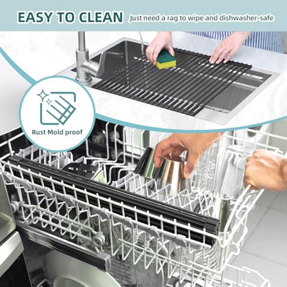 Ohuhu Over The Sink Dish Drainer Drying Rack, 17.6" W x 15.4" L Roll Up Dish Racks Kitchen Sink Organizer Silicone Wrapped Large in Sink Dish Drying Rack Foldable Rolling Drain Mats Anti-Slip - color: Black, size: 17.6"W x 15.4"L