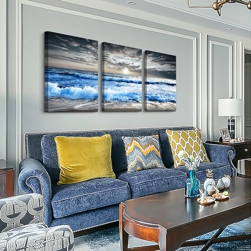 MHARTK66 Large Canvas Wall Art for Living Room, Bedroom, Office Decor - Blue Ocean Wave Seascape Pictures, Black and White Beach Painting - Modern Home Decorations - color: Blue Sea Waves Wall Painting, size: 20x28inches*3pcs