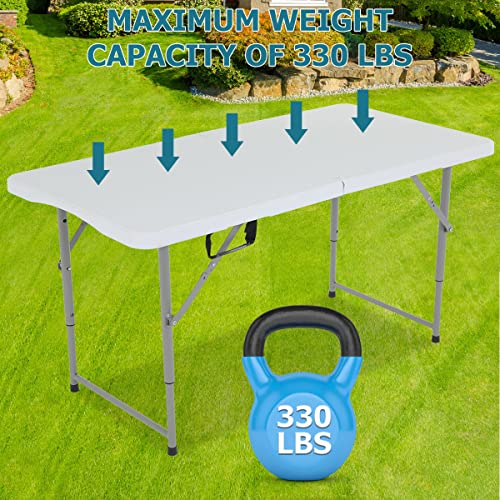 4FT Folding Table, Height Adjustable Table, Heavy Duty Plastic Tables Portable Fold-in-Half Utility Table w/Handle & Lock for Camping BBQ Party Banquet Wedding Market Events, 330LBS - size: 4 FT