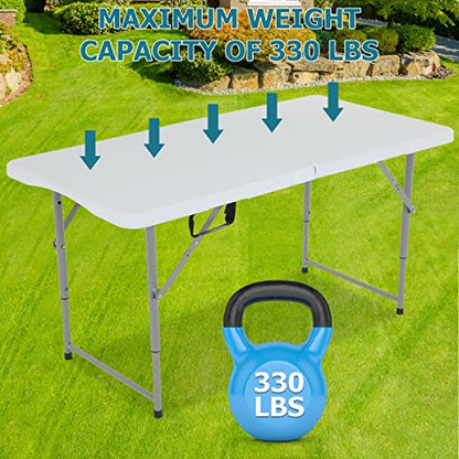 4FT Folding Table, Height Adjustable Table, Heavy Duty Plastic Tables Portable Fold-in-Half Utility Table w/Handle & Lock for Camping BBQ Party Banquet Wedding Market Events, 330LBS - size: 4 FT