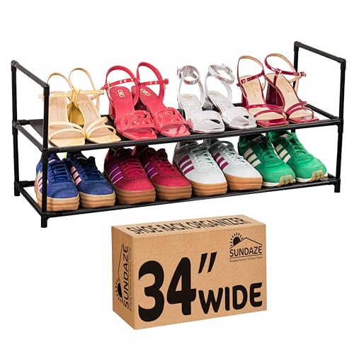 Sundaze Shoe Rack - 2 Tier Shoe Rack for Front Door Entrance, Sturdy Long Shoe Organizer for Closet, Bedroom, Entryway, Garage, Non Woven Fabric Shelf, Black, Holds Up to 10 Pairs - size: 2 Tier (34.3" W)