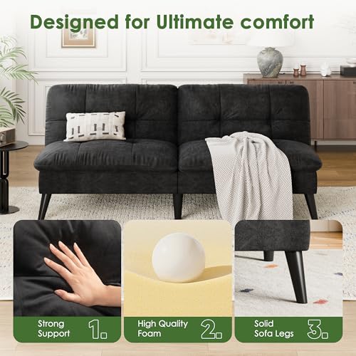 Vongrasig Futon Sofa Bed Velvet Futon Couch with Adjustable Backrest, Small Convertible Folding Sleeper Sofa Bed, Modern Loveseat for Living Room, Bedroom and Small Space, Black - color: Black