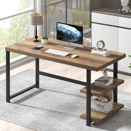 Computer Desk, Wood and Metal Home Office Desk with Storage Shelves, Small Study Writing Table Workstation for Bedroom Living Room, Rustic Oak, 47 Inch - color: Rustic Oak, size: 47 inch