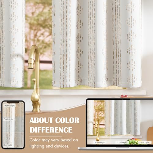 jinchan Boho Blackout Kitchen Tier Curtains, 24 Inch, Taupe on Beige | Taupe geometric print on warm beige, soft blackout backing, 2 panels, rod pocket, for kitchens, bedrooms, RVs and campers - color: Blackout Backing | Taupe on Beige, size: 25"W x 24"L