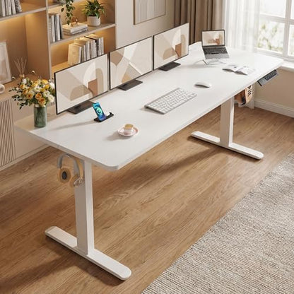 Electric Standing Desk with Wheels, 63'' x 24'' Standing Desk Adjustable Height with Charging Station, 2 USB Ports, 3 Power Outlets, 4 Caster, 27''-46'' Lifting Range Stand up Desk(White) - color: White, size: 63 x 24''