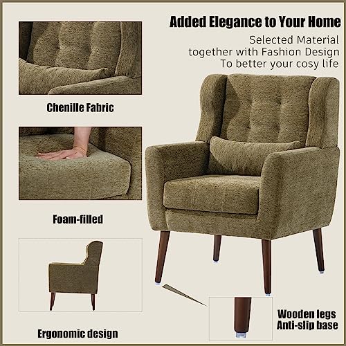 Accent Chair, Living Room Chairs with Solid Wood Legs & Pillow | Chairs Living Room with High Tufted Backrest, Reading Chair for Bedroom/Office, Chenille Fabric - color: Olive Green