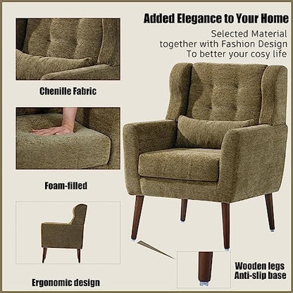 Accent Chair, Living Room Chairs with Solid Wood Legs & Pillow | Chairs Living Room with High Tufted Backrest, Reading Chair for Bedroom/Office, Chenille Fabric - color: Olive Green