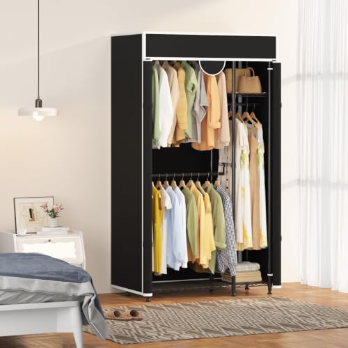 Heavy Duty Clothes Rack with Cover Portable Wardrobe with Storage Shelves | Adjustable Closet System 720 lb Capacity 43.31 x 15.75 x 76.46 in for Bedroom Corners Apartments Dorms Laundry Rooms - color: 43.31" (Black)