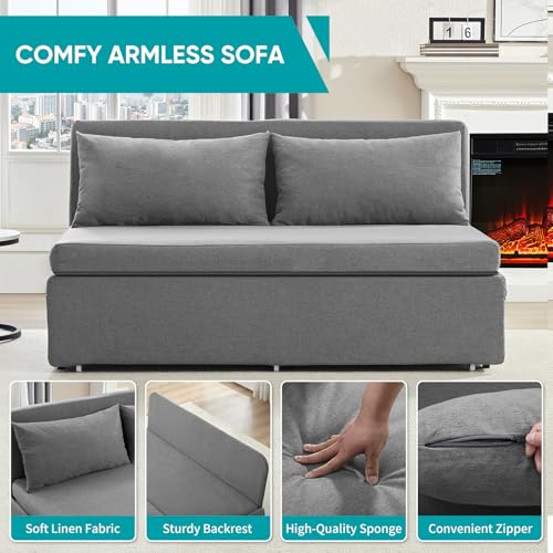 BALUS 64" W Queen Size Pull Out Sleeper Sofa Bed Pull Out Couch -Light Grey | 2 in 1 Convertible Bed, Linen Loveseat Sofa, with Pillow and Tri-fold Mattress,Loft Sofa for Small Space - color: Light Grey, size: Queen
