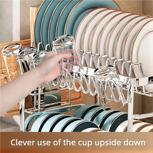 TarnorLe Double Layer Dish Drying Rack, Storage Super Large Bowl Dish Rack, Multifunctional Kitchen Countertop with Drain Pan, 304 Stainless Steel Kitchen Drying Rack, Tableware, Glass Drying Rack