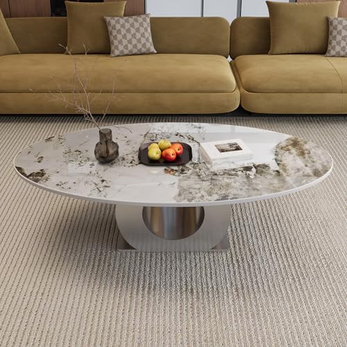 49.2" Oval Marble Coffee Table with Silver Stainless Steel Base, Luxury Modern White Sintered Stone Center Cocktail Tea Tables for Living Room,Easy Assembly - color: Style 3: Silver Base