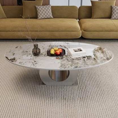 49.2" Oval Marble Coffee Table with Silver Stainless Steel Base, Luxury Modern White Sintered Stone Center Cocktail Tea Tables for Living Room,Easy Assembly - color: Style 3: Silver Base