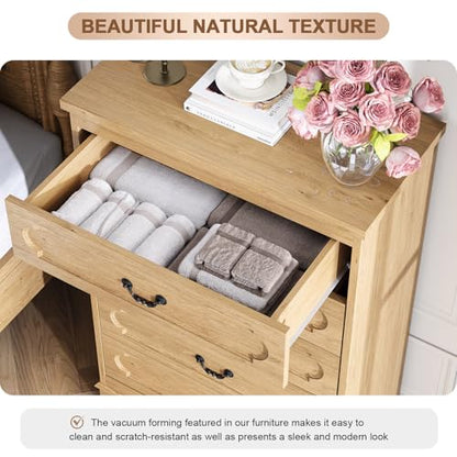 5 Drawer Dresser for Bedroom Natural Bedroom Dresser 46" Tall Wood Cabinet | Farmhouse Wooden Chest of Drawers, Rustic Wide Drawers Dressers, Hallway, Living Room - color: Natural, size: 15.7"D x 31.5"W x 46.4"H (5 Drawers)