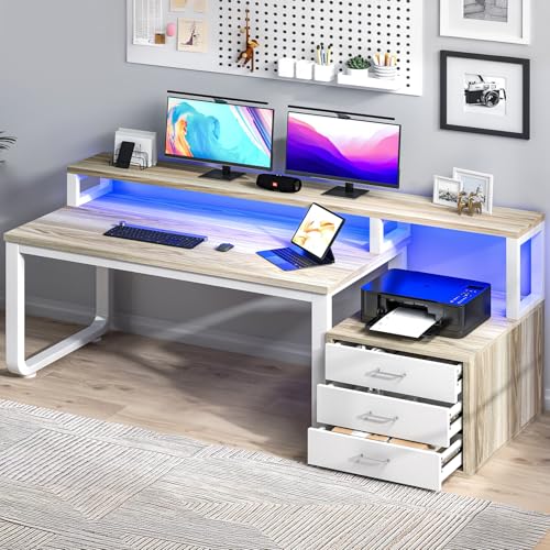 MaverickFurni 67" Home Office Desk with 3 Drawers and LED Lights, Walnut | Reversible Computer Desk with Monitor Stand and Printer Shelf, Office Desk with Spacious Work Space, White and Walnut - color: White and Walnut