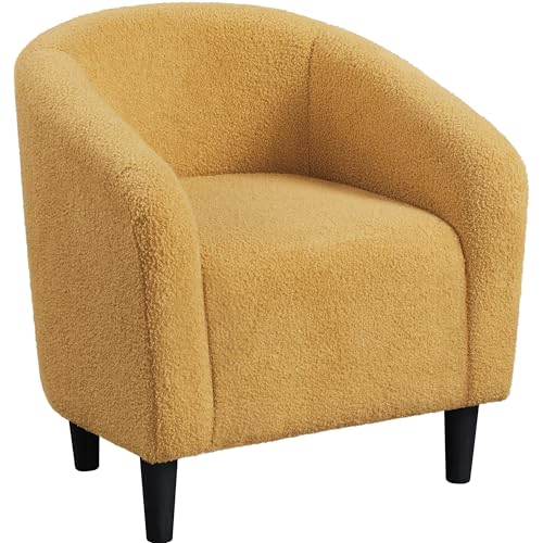 Yaheetech Small 25.5in Wide Sherpa Barrel Accent Chair, Mustard Yellow | Compact Cozy Barrel Chairs with a Curved Silhouette, Upholstered Furry Armchair for Small Spaces, Living Room Bedroom Corner - color: Mustard Yellow (Boucle), style: without Ottoman