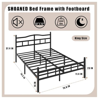 SHOANED Metal Bed Frame with Headboard & Footboard - 14 Inch King Size Heavy Duty Bedframe Black Basic Steel Slats Platform No Box Spring Needed/Easy Assembly/Noise Free - size: King, style: 14 Inch with Footboard
