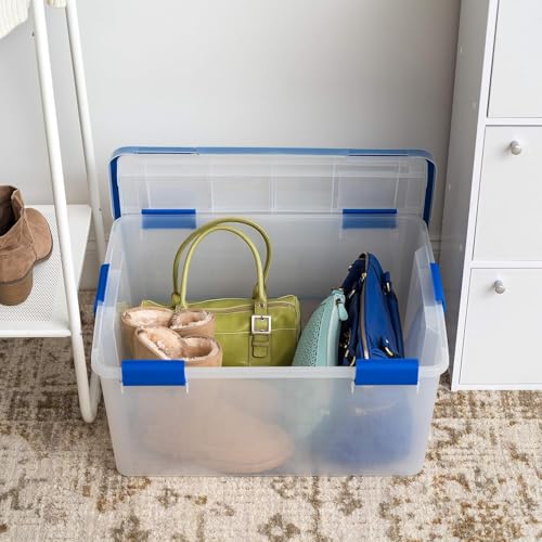 IRIS USA 3-Pack 60 Qt Storage Bins with Gasket Lids, Clear/Blue | WeatherPro seal helps protect bulky items for moving, garage, attic and basement storage - size: 60 Qt. - 3 Pack