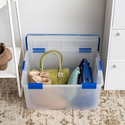 IRIS USA 3-Pack 60 Qt Storage Bins with Gasket Lids, Clear/Blue | WeatherPro seal helps protect bulky items for moving, garage, attic and basement storage - size: 60 Qt. - 3 Pack