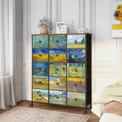 EXOTICA Large Chest of Drawers 15 Drawer Dresser Van Gogh Tall Fabric Dresser for Bedroom Living Room Entryway Closet with Sturdy Metal Frame and Wooden Top - size: Large 15 Drawers