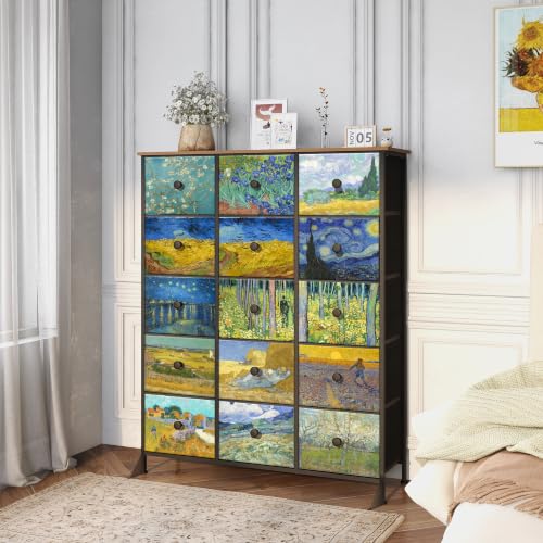 EXOTICA Large Chest of Drawers 15 Drawer Dresser Van Gogh Tall Fabric Dresser for Bedroom Living Room Entryway Closet with Sturdy Metal Frame and Wooden Top - size: Large 15 Drawers
