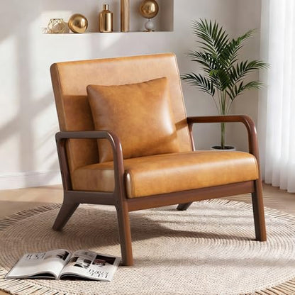 Mid Century Accent Chair with Solid Oak Frame & Faux Leather, Brown | Upholstered Lumbar Pillow Lounge Chair Brown Faux Leather Cozy Leisure Chair Retro Living Room Chair for Bedroom Waiting Room - color: Walnut Wood - Pu Brown, style: 1 PCS