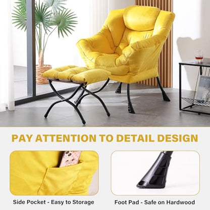 Lazy Chair with Ottoman, Comfy Reading Accent Chair, Velvet Yellow | Foldable Footrest, Padded Seat and Backrest, Side Pocket for Lounging in Living Rooms, Bedrooms, Dorms and Small Spaces - color: Yellow