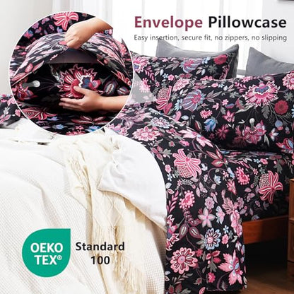 Bedlifes Floral Pattern Bed Sheet Set Twin Size, 16" Deep Pocket 3-Piece | Ultra Soft Microfiber, Breathable & Silky, OEKO-TEX Certified, Easy-Care Machine Washable, 3-Piece, All-Season Spring Bedding - color: Black Red, size: Twin
