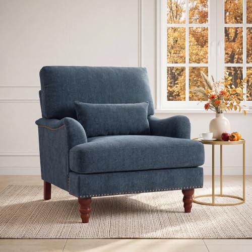 Mid-Century Modern Accent Chair with Lumbar Pillow, Navy, 1 Pack | Upholstered Chenille Armchair, Solid Wood Frame & Legs, Comfy Reading Lounge Sofa for Living Room Bedroom, & Small Spaces - color: Chenille Navy, size: 1 Seat