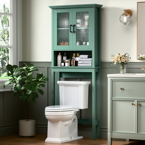 Over The Toilet Storage Cabinet, Over Toilet Bathroom Organizer with Glass Doors and Adjustable Shelf, Thicken Frame Above Toilet Storage Cabinet Behind Toilet Bathroom Organizer, Halcyon Green - color: Halcyon Green