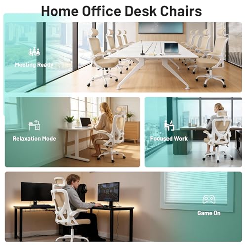 Office Chair - Ergonomic Desk Chair Breathable Mesh Chair with 2D Headrest & Adjustable Lumbar Support - Executive High Back Rolling Swivel Computer Gaming Chair with Wheels Flip-up Armrests - color: Khaki/White