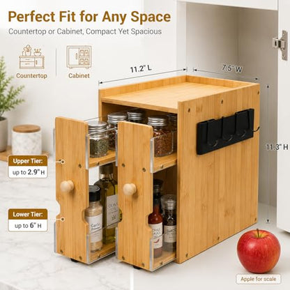 Pull Out Spice Rack Organizer for Cabinet or Countertop, Bamboo | 2-tier bamboo spice organizer with dual pull-out shelves for cabinets, countertops, pantries and coffee bars