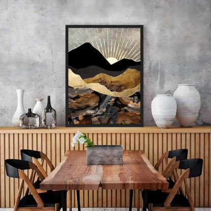 Black Framed Abstract Gold Mountain Sun Retro Poster�� Canvas Print Art�� Modern Minimalist Aesthetic Wall Art Painting Pictures Wall Decor�� Elegant Home Decor�� Living Room (Black frame,8''L*12''W) - size: 8''L*12''W