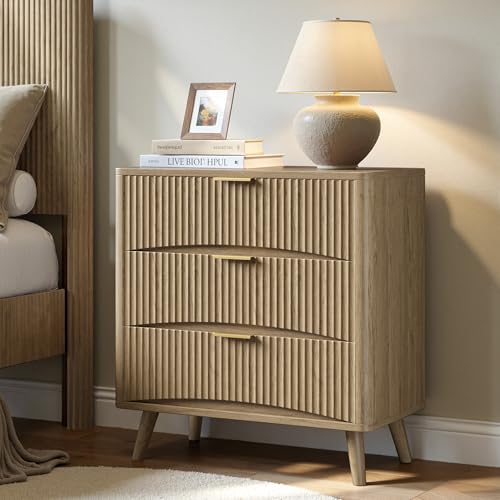 Evermagin 31.5" W Oversized Large Fluted Nightstands Set of 2 | 3 Drawers Light Wood Night Stand Bedside Table, Mid Century Modern Small Dresser for Bedroom, livingroom, Natural Oak - color: Oak, size: 15.78"D x 31.5"W x 29.35"H (3 Drawers)