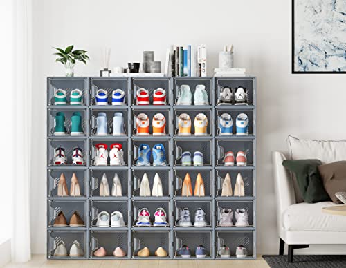 SIMPDIY XL Clear Shoe Storage Boxes, Stackable Shoe Organizer for Closet | 12 Pack, for Size 13, Magnetic Door, Aromatherapy Stick, Plastic, Shoe Rack for Closet, Entryways, Under-bed Storage - color: Grey