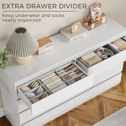 White 8 Drawer Dresser for Bedroom Wooden Closet Storage | Wood Dresser, Modern High Gloss, Handle-Free, for Entryway, Living Room, TV Stand - size: 15.4"D x 55.1"W x 33.9"H (8 Drawers)