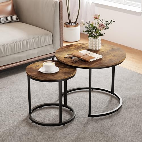 Smuxee Nesting Coffee Table Set of 2, 23.6" Round Coffee Table Rustic Wood Top with Adjustable Non-Slip Feet, Industrial End Table Side Tables for Living Room Bedroom Balcony Yard - color: Rustic Brown, size: 23.6"W