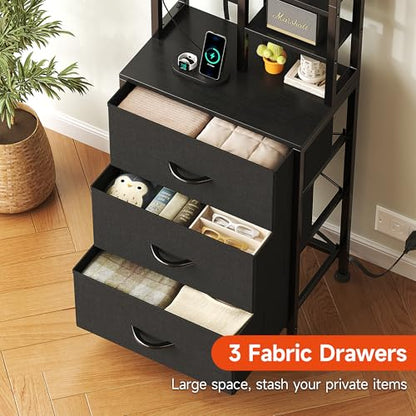 COTUBLR Night Stand, Tall Nightstand with Charging Station and LED Lights, Side Table with 4-Tier Shelves and 3 Fabric Drawers, 45.3" Tall Bedside End Tables for Bedroom, Hallway, Office, Black - color: Black