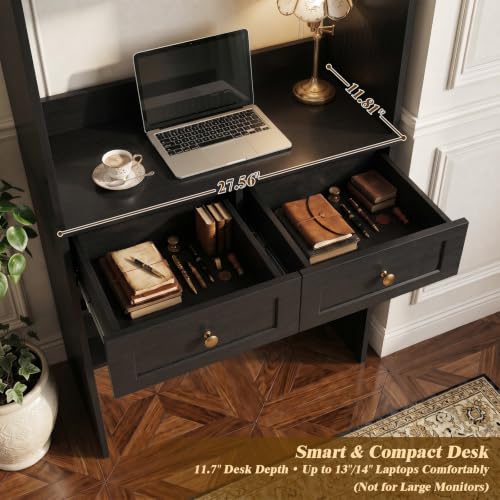Besiost Farmhouse Desk with Glass Hutch, Small Writing Study Desk with Drawers, Multi-Function Desk for Home Office, Bedroom, Kitchen, Black (27.6" L × 11.8" D × 80" H) - color: Black, size: 27.6"