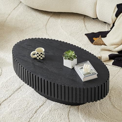 JUSTONE 43.31 Inch Black Oval Coffee Table, Farmhouse Wood Farmhouse Style with Handcrafted Relief & Circle Drum Design for Living Room & Apartments, 43.31x13.78 Inches (Black) - color: 43.3'' Oval - Black