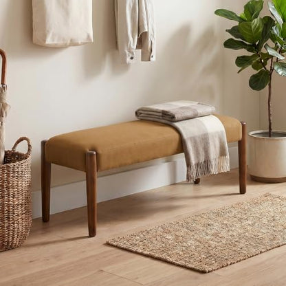 Usaint 42" End of Bed Bench with Wood Legs, Caramel Orange with Walnut Leg | Modern Upholstered Bedroom Bench with Rubberwood Legs, Entryway Bench with Cushion, Dining Bench for Living Room, Bedroom - color: Caramel Orange With Walnut Leg