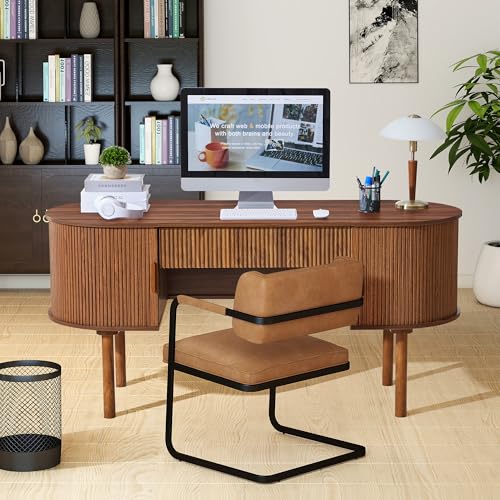 Home Office Oval Desk with Sliding Tambour Door and Drawer, Modern Fluted Wood Executive Computer Storage Desk for Study, Living Room, Bedroom, Office - Walnut - color: Walnut