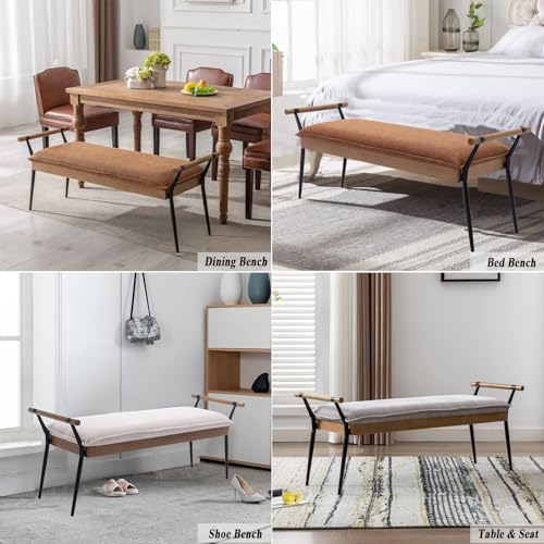 DUOMAY Modern PU Ottoman Bench with Arms & Metal Legs, Brown | Mid Century Rectangle Bench Footstool Dining Bench Entryway Shoe Bench For Bedroom Living Room - color: Brown